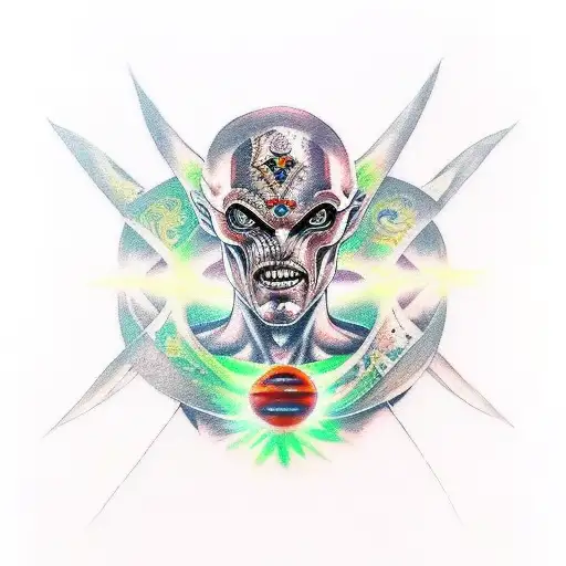 Traditional tattoo of an alien warrior holding an espada with cosmic elements tattoo design idea