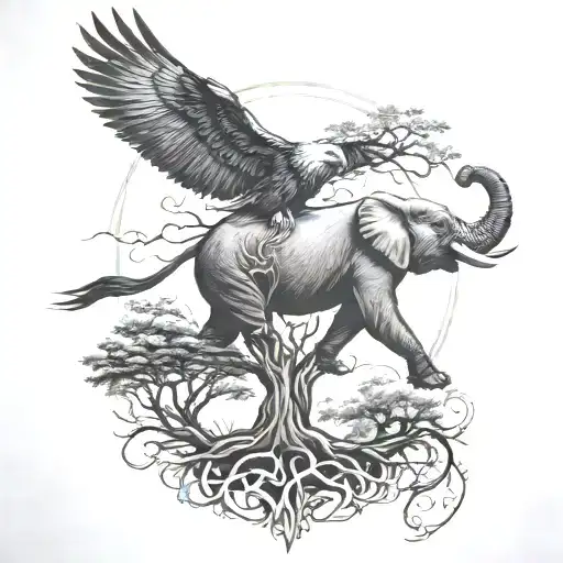 treeof life and elephant and eagle soaring tattoo design idea