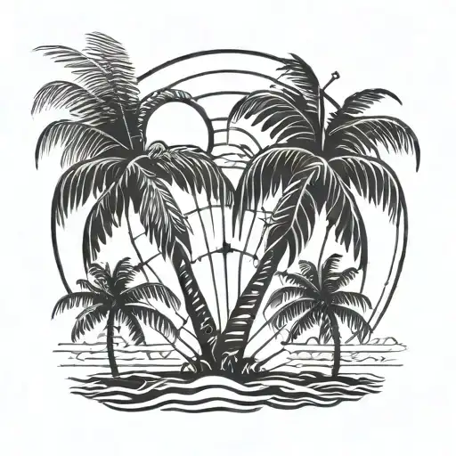 palm tree, with coordinates and sun tattoo design idea
