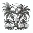 palm tree, with coordinates and sun tattoo design idea