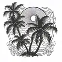palm tree, with coordinates and sun tattoo design idea