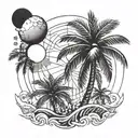 palm tree, with coordinates and sun tattoo design idea