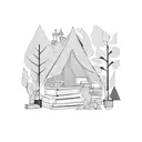 A pink leopard print tent in a forest of books tattoo design idea