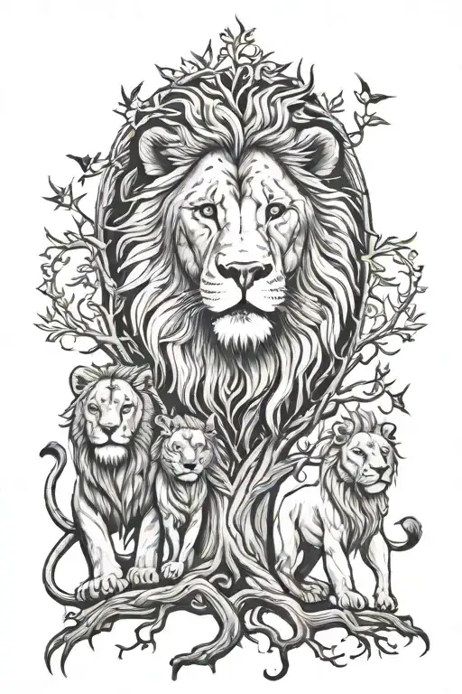 lion and family tree tattoo design idea