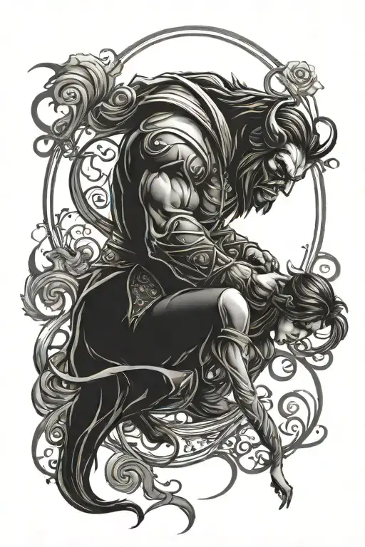 evil beauty and the beast shadowed in darkness tattoo design idea