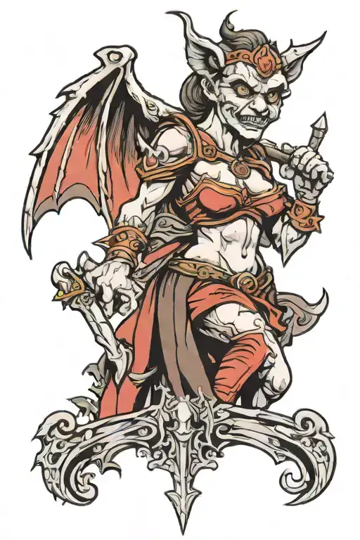 comedy tragedy female gargoyle warrior tattoo design idea