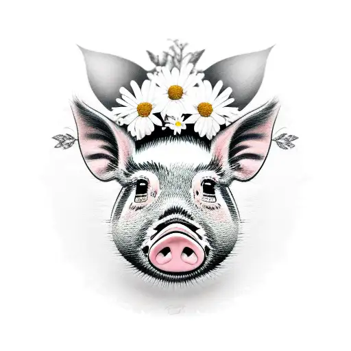A realistic portrait of Penelope the pig with a cute expression, surrounded by floating teacups and daisies tattoo design idea