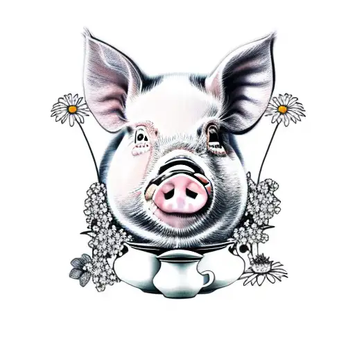 A realistic portrait of Penelope the pig with a cute expression, surrounded by floating teacups and daisies tattoo design idea