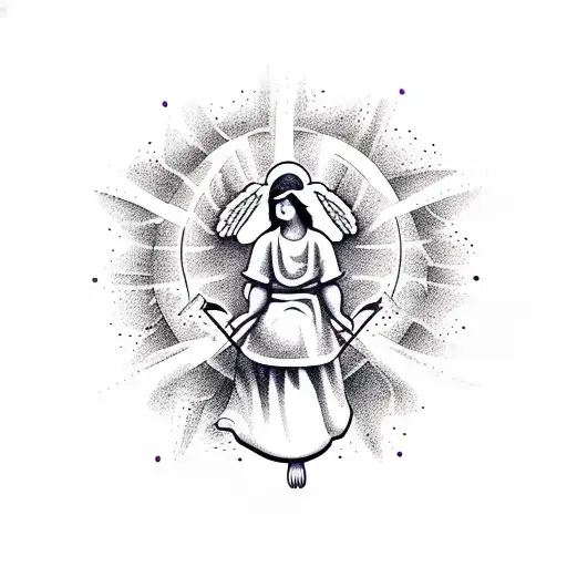 A dotwork tattoo of an angelic figure cooking in a heavenly kitchen, with purple lilies scattered around tattoo design idea