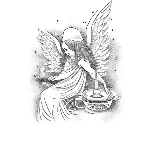 A dotwork tattoo of an angelic figure cooking in a heavenly kitchen, with purple lilies scattered around tattoo design idea