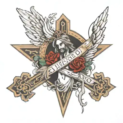 cross with an angel on the left Jesus on the right and the three crosses below with my last name  tattoo design idea