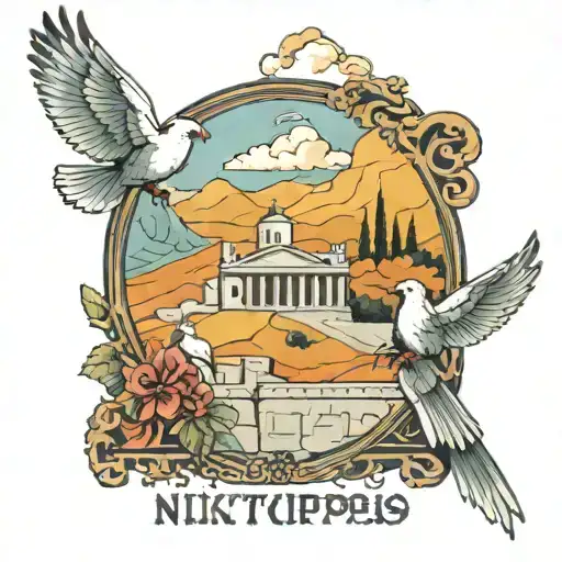Greek writing "Nikitopoulos" with Greek landscape, fences doves also words how it means victory and pepeole of goodness tattoo design idea