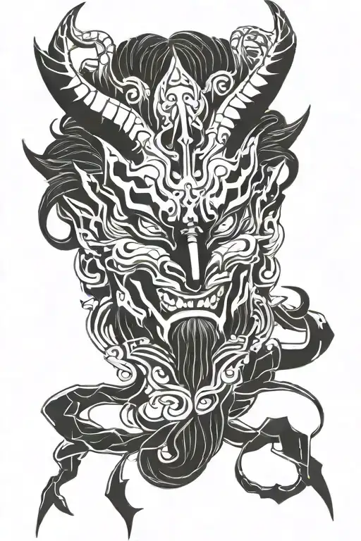 shuten douji oni demon mask surrounded tattoo design idea