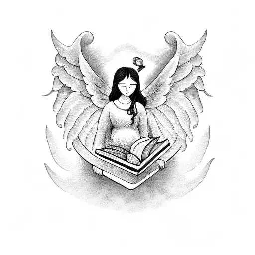 A dotwork tattoo of an angel surrounded by swirling dark waves and holding a book of poetry tattoo design idea
