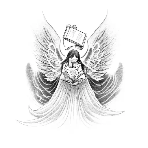 A dotwork tattoo of an angel surrounded by swirling dark waves and holding a book of poetry tattoo design idea