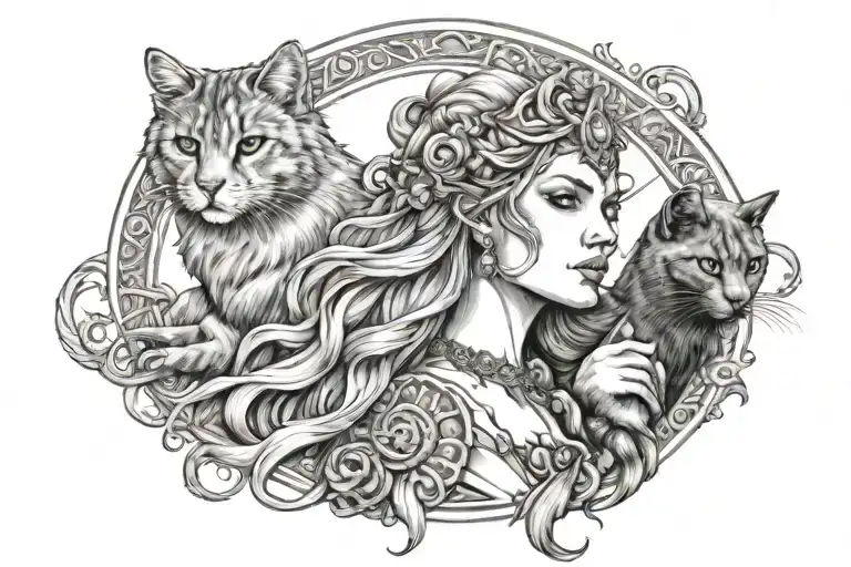 Norse goddess Freyja, beautiful, with her cat tattoo design idea