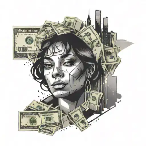 An abstract design of a girl's face morphing into a stack of cash, with a city skyline in the background tattoo design idea
