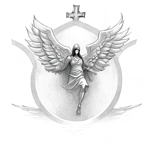 cross and under that an angel and money tattoo design idea