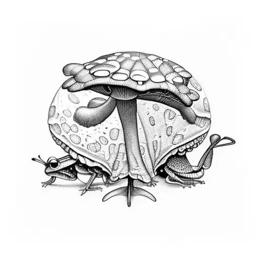 cicada and praying mantis and frog and snail with a mushroom and ferns in the background tattoo design idea