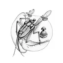 cicada and praying mantis and frog and snail with a mushroom and ferns in the background tattoo design idea