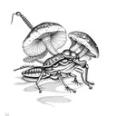 cicada and praying mantis and frog and snail with a mushroom and ferns in the background tattoo design idea