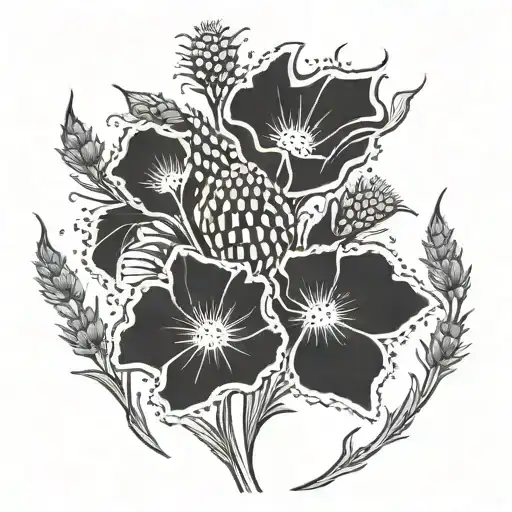 A blackwork tattoo of a grasfield with hidden elements of corn poppy, heather, and Scottish thistle, creating a unique and abstract design tattoo design idea