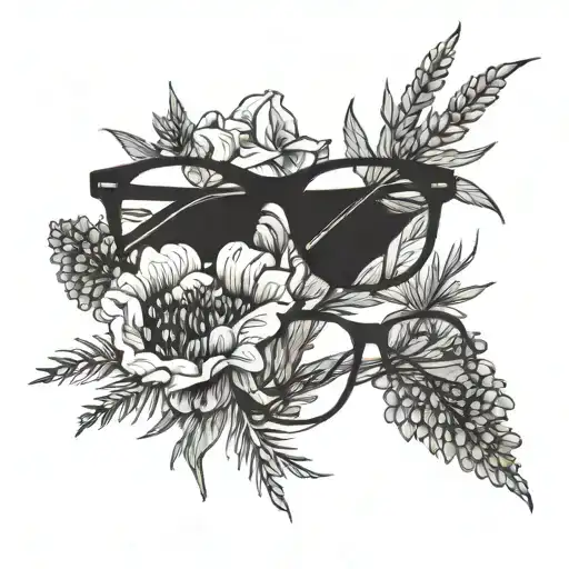 A minimalist design of a corn poppy and heather intertwined with a pair of glasses, symbolizing the client's occupation as an optician tattoo design idea