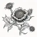 A blackwork tattoo of a grasfield with hidden elements of corn poppy, heather, and Scottish thistle, creating a unique and abstract design tattoo design idea