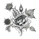 A blackwork tattoo of a grasfield with hidden elements of corn poppy, heather, and Scottish thistle, creating a unique and abstract design tattoo design idea