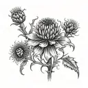 A blackwork tattoo of a grasfield with hidden elements of corn poppy, heather, and Scottish thistle, creating a unique and abstract design tattoo design idea