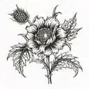 A blackwork tattoo of a grasfield with hidden elements of corn poppy, heather, and Scottish thistle, creating a unique and abstract design tattoo design idea