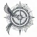 a compass broken by a harrow, a world map upper the compass, a bird under the compass, capricorn at the end of the arrow tattoo design idea