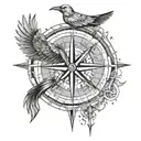 a compass broken by a harrow, a world map upper the compass, a bird under the compass, capricorn at the end of the arrow tattoo design idea