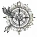 a compass broken by a harrow, a world map upper the compass, a bird under the compass, capricorn at the end of the arrow tattoo design idea