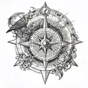 a compass broken by a harrow, a world map upper the compass, a bird under the compass, capricorn at the end of the arrow tattoo design idea