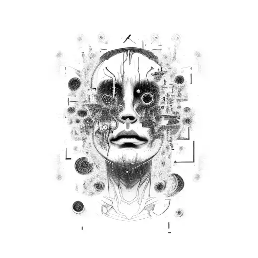 head silhouette with chaos, rage, fear, embarrassment, loneliness, screaming, isolated, scrutiny, ADHD, PTSD, Anxiety tattoo design idea
