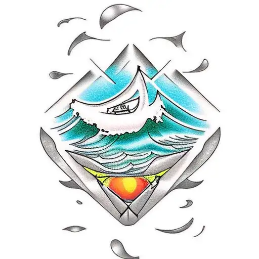 diamond shaped, ocean wave, retro coffe pot, fried eggs, black and white tattoo design idea