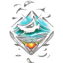 diamond shaped, ocean wave, retro coffe pot, fried eggs, black and white tattoo design idea