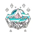 diamond shaped, ocean wave, retro coffe pot, fried eggs, black and white tattoo design idea