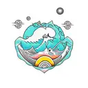 diamond shaped, ocean wave, retro coffe pot, fried eggs, black and white tattoo design idea