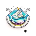 diamond shaped, ocean wave, retro coffe pot, fried eggs, black and white tattoo design idea