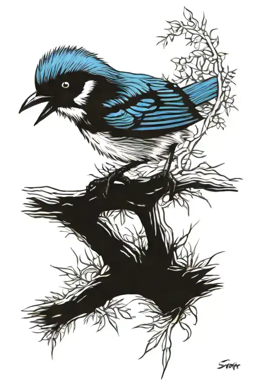 California scrub jay sitting on a costal live oak branch tattoo design idea