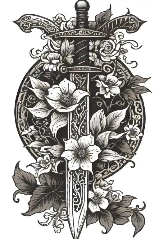 sword and flowers tattoo design idea