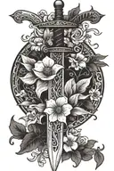 sword and flowers tattoo design idea