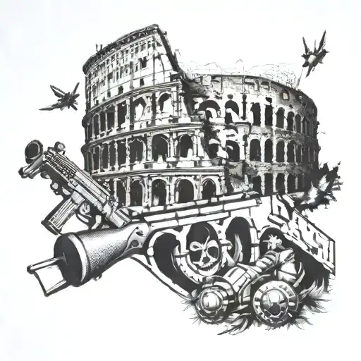 An abstract design featuring elements of the Colosseum, a sniper rifle, and the client's family members, showcasing their diverse interests and passions tattoo design idea
