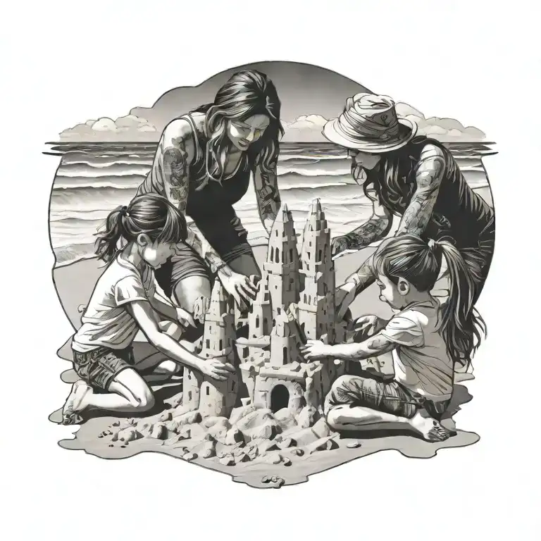 A mother, son, and daughter building a sandcastle on the beach tattoo design idea