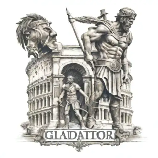 Gladiator, coliseum and family with dates in Roman letters tattoo design idea