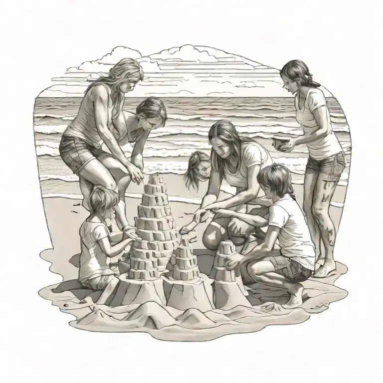 A mother, son, and daughter building a sandcastle on the beach tattoo design idea