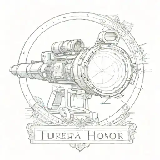 A realistic depiction of a sniper scope with the words 'Fuerza y Honor' incorporated into the design tattoo design idea