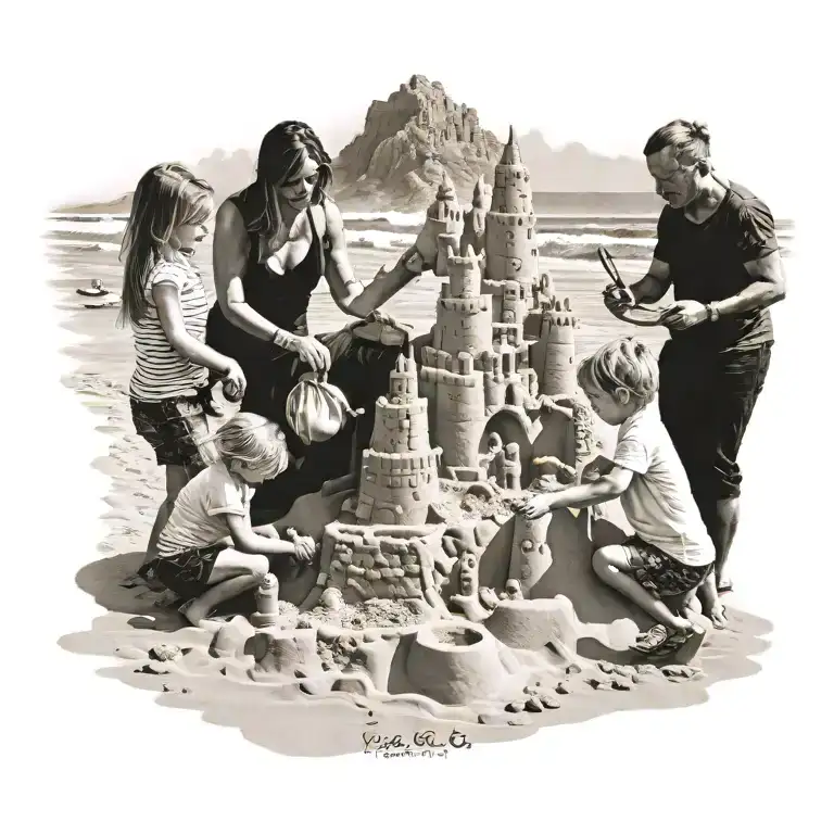 A mother, son, and daughter building a sandcastle on the beach tattoo design idea